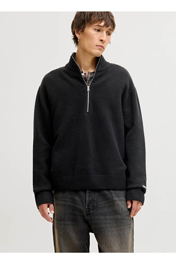 Jack & Jones Yüksek Yaka Bol Kesim Siyah Erkek Kazak 12282749_JORNORREBRO KNIT HALF ZIP