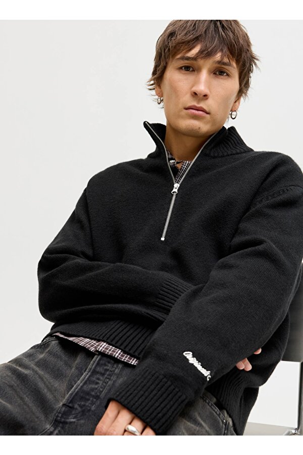 Jack & Jones Yüksek Yaka Bol Kesim Siyah Erkek Kazak 12282749_JORNORREBRO KNIT HALF ZIP