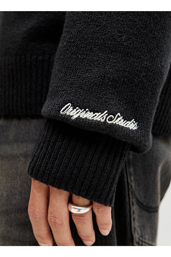 Jack & Jones Yüksek Yaka Bol Kesim Siyah Erkek Kazak 12282749_JORNORREBRO KNIT HALF ZIP