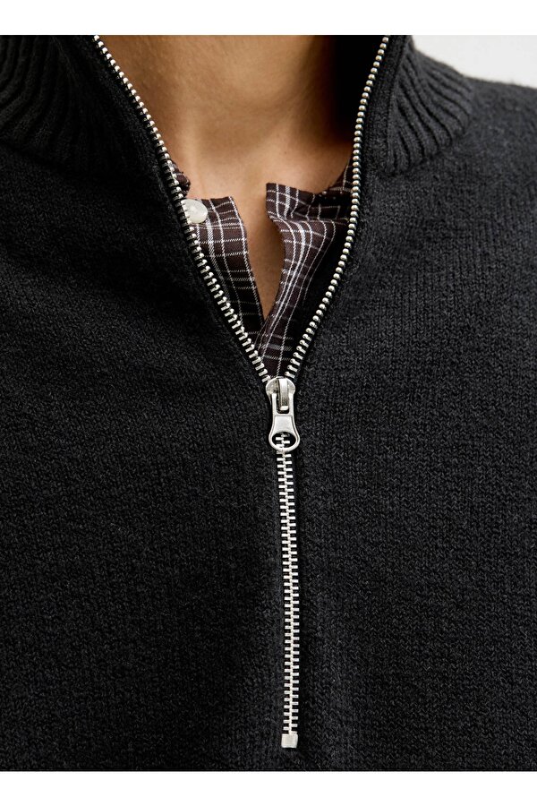 Jack & Jones Yüksek Yaka Bol Kesim Siyah Erkek Kazak 12282749_JORNORREBRO KNIT HALF ZIP