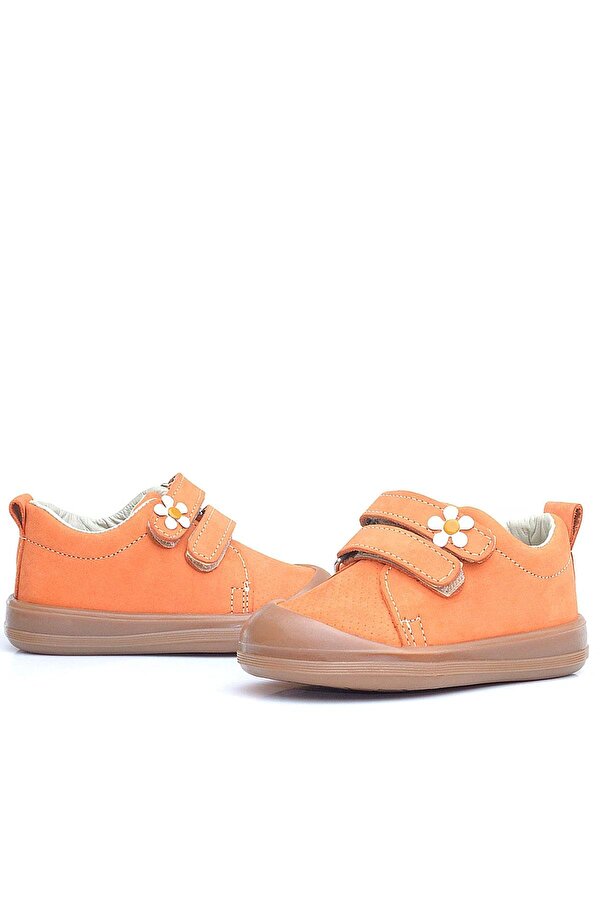 Rakerplus Sonic Hakiki Deri Turuncu Cırtlı Çiçekli Kız Bebek Sneaker Ayakkabı