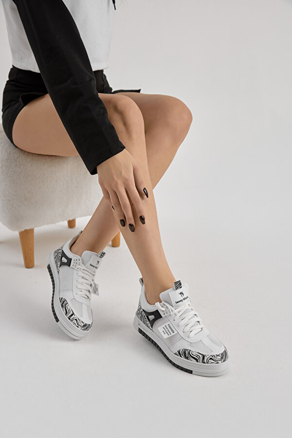 Tonny Black Unisex Beyaz Siyah Termo Taban Desenli Fileli Bağcıklı Spor Ayakkabı