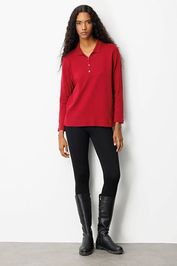 Desen Triko Kadın Polo Yaka Yakası ve Kolu Düğmeli Bluz 25391 Vişne