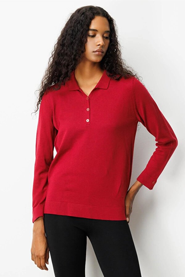 Desen Triko Kadın Polo Yaka Yakası ve Kolu Düğmeli Bluz 25391 Vişne