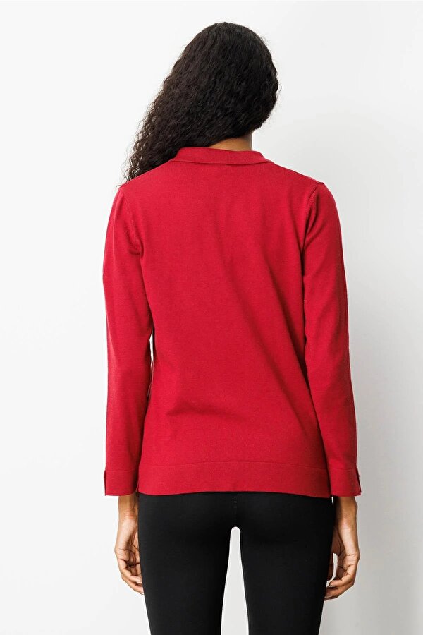 Desen Triko Kadın Polo Yaka Yakası ve Kolu Düğmeli Bluz 25391 Vişne