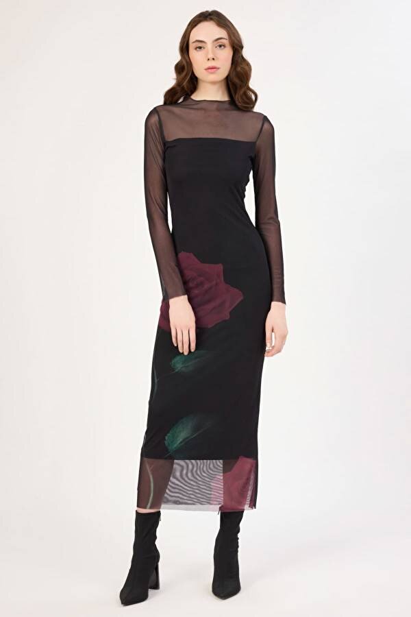 Fever Tül Geçişli Çiçek Desenli Kadın Midi Elbise 352116071