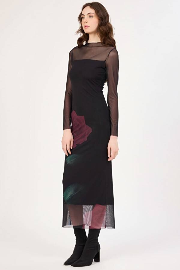 Fever Tül Geçişli Çiçek Desenli Kadın Midi Elbise 352116071