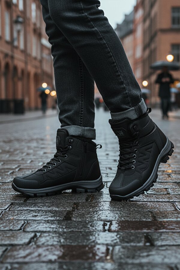 Ayakmod Siyah Kırışık İçi Kürklü Soğuğa Dirençli Kaymaz Taban Unisex Outdoor Bot 980 G