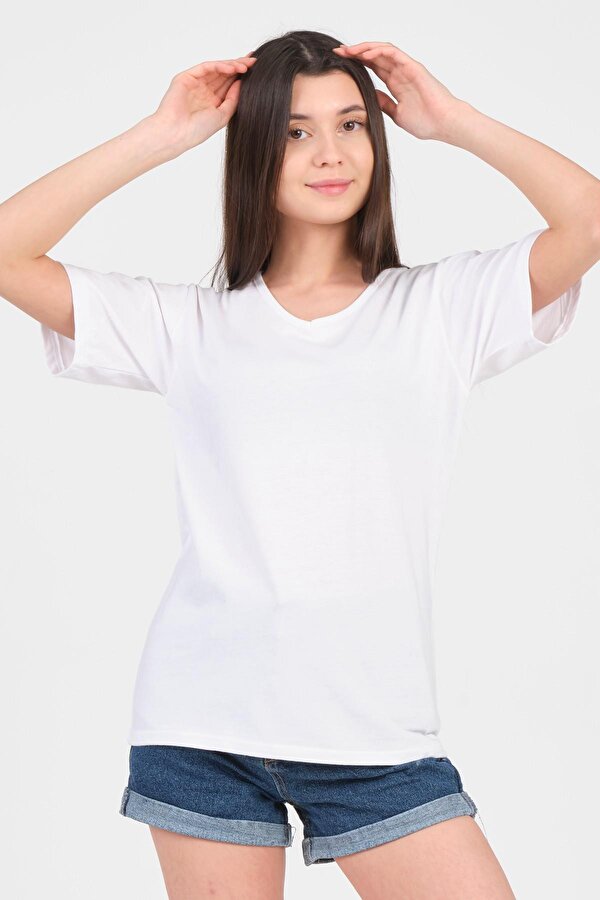As Collection Beyaz V Yaka Kısa Kol Örme Kadın T-Shirt