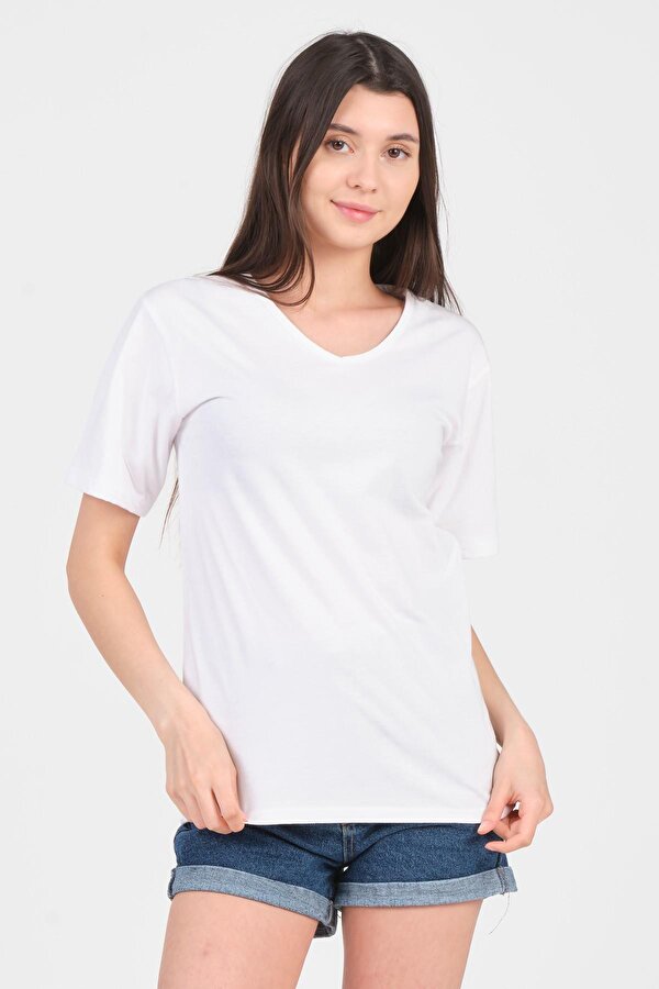 As Collection Beyaz V Yaka Kısa Kol Örme Kadın T-Shirt