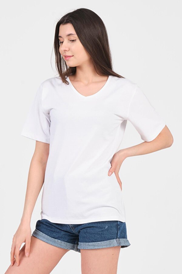As Collection Beyaz V Yaka Kısa Kol Örme Kadın T-Shirt
