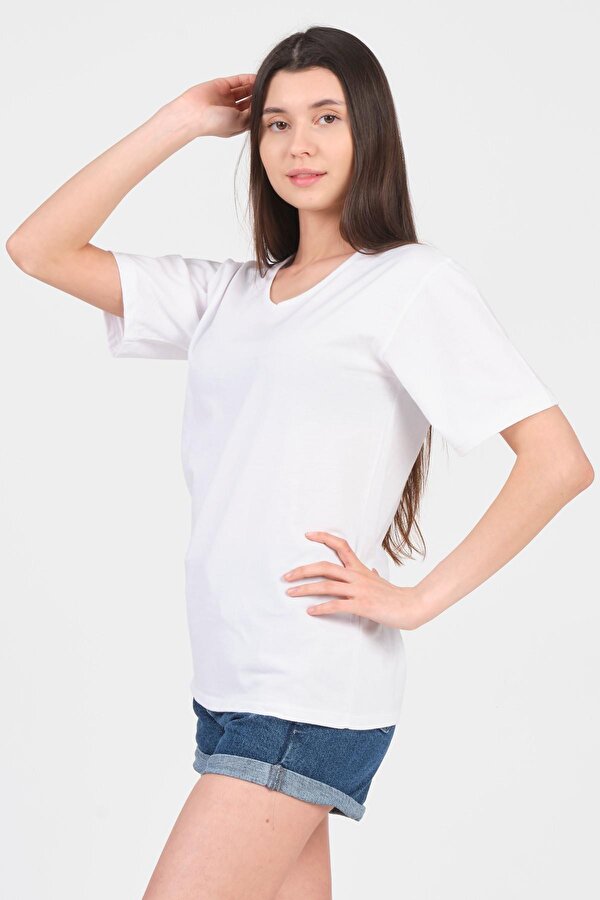 As Collection Beyaz V Yaka Kısa Kol Örme Kadın T-Shirt