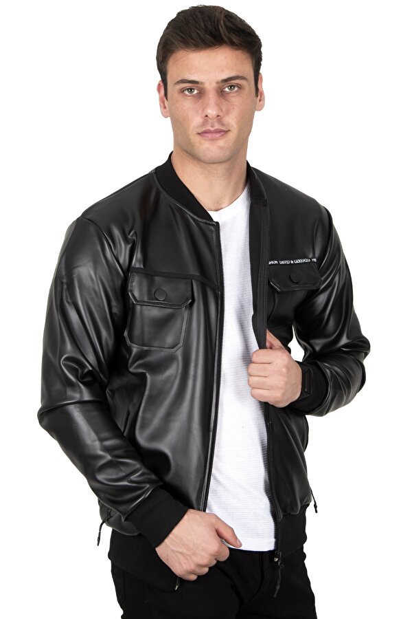 Deep Sea DeepSEA Erkek Siyah Suni Deri Ceket Rüzgar ve Su Geçirmez Kolej Tarzı Fermuarlı Dar Kesim Mont Ceket 23020660