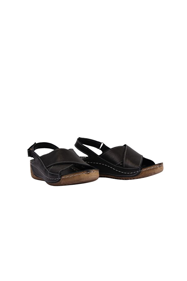 Napa Shoes Hakiki Deri Çapraz Bantlı Arkadan Ayarlı Rahat Taban Dolgu Topuk Kadın Sandalet NAPA-311