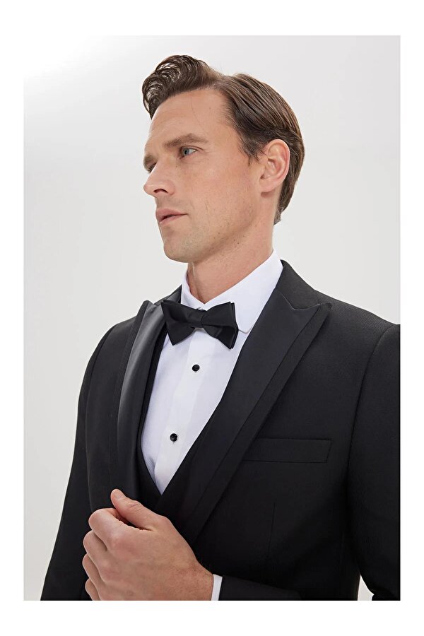 Altınyıldız Classıcs Erkek Slim Fit Dar Kesim Kırlangıç Yaka Balıksırtı Desenli Yelekli Smokin Takım