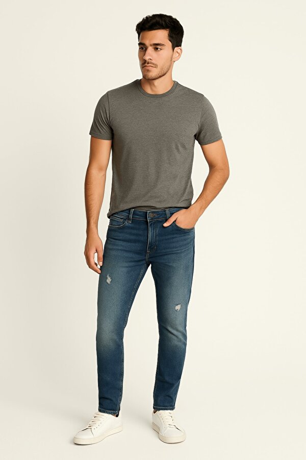 Erkek Yırtık Detay Likralı Skinny Fit Açık Mavi Jean Pantolon