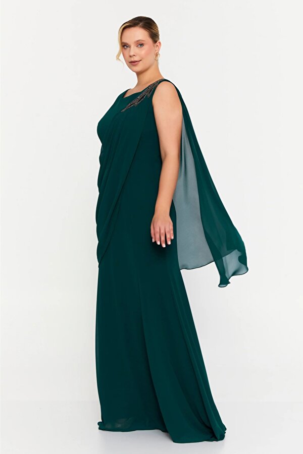 Şeref Vural Kadın Büyük Beden Tek Omuz İşlemeli Maxi Abiye Elbise 6707 Nefti