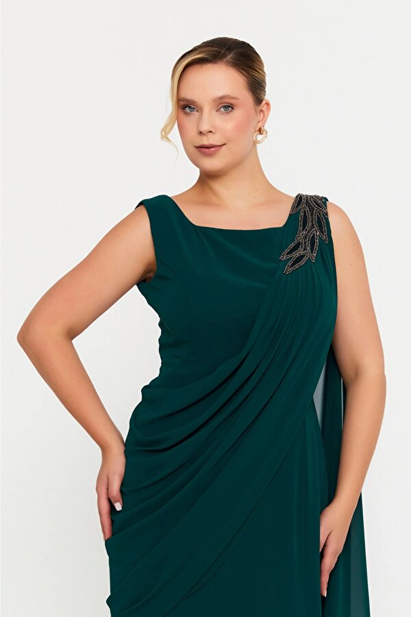 Şeref Vural Kadın Büyük Beden Tek Omuz İşlemeli Maxi Abiye Elbise 6707 Nefti