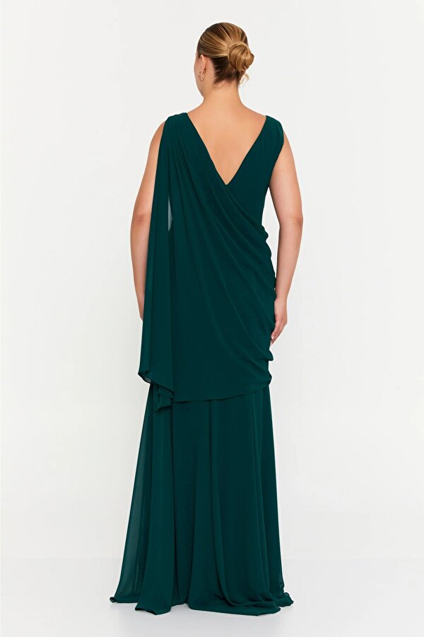 Şeref Vural Kadın Büyük Beden Tek Omuz İşlemeli Maxi Abiye Elbise 6707 Nefti