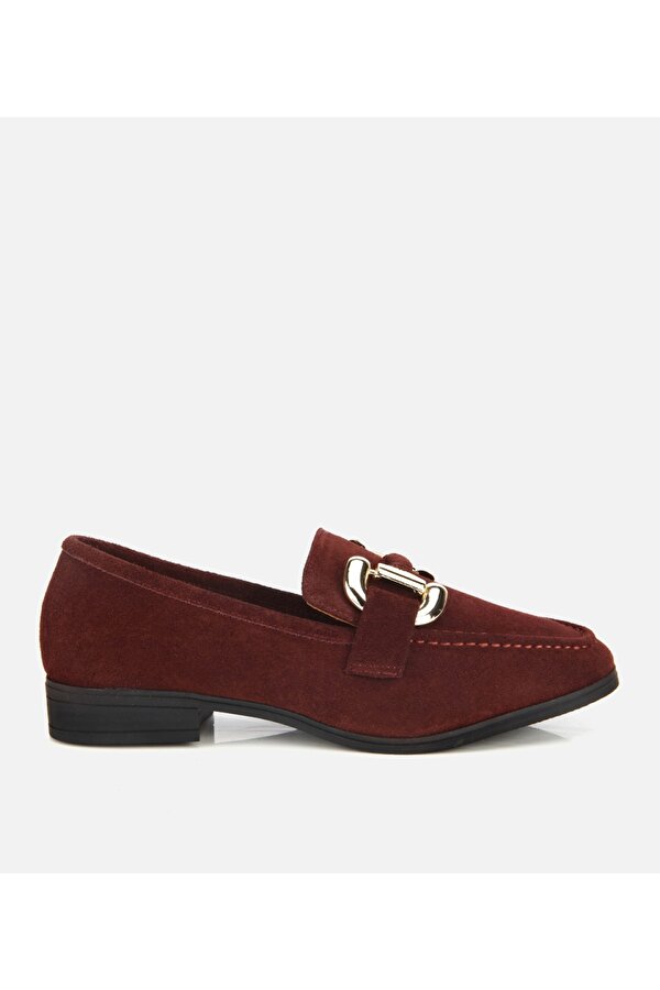 Kadın Süet Deri Bordo Tokalı Klasik Loafer