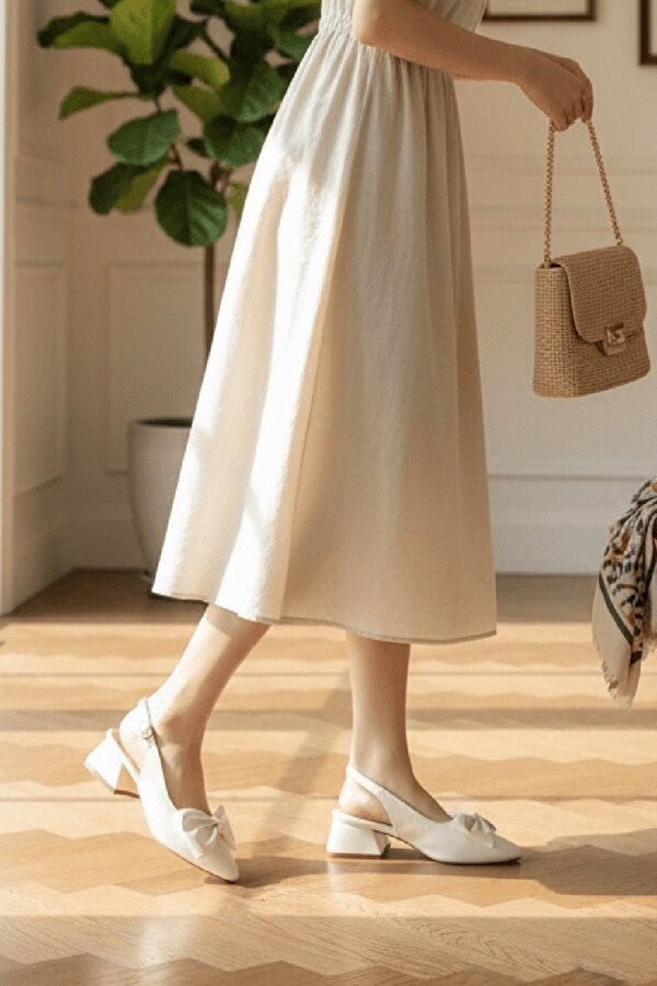 Divolya Fita Fiyonklu Beyaz ( 4 cm Topuklu ) Sivri Burun Topuklu Ayakkabı