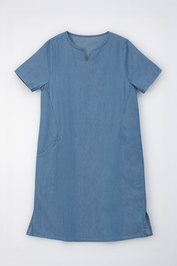 Blue White Kadın Kısa Kollu %100 Pamuk İnce Jean Elbise