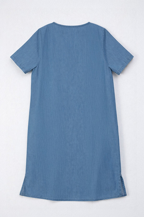 Blue White Kadın Kısa Kollu %100 Pamuk İnce Jean Elbise