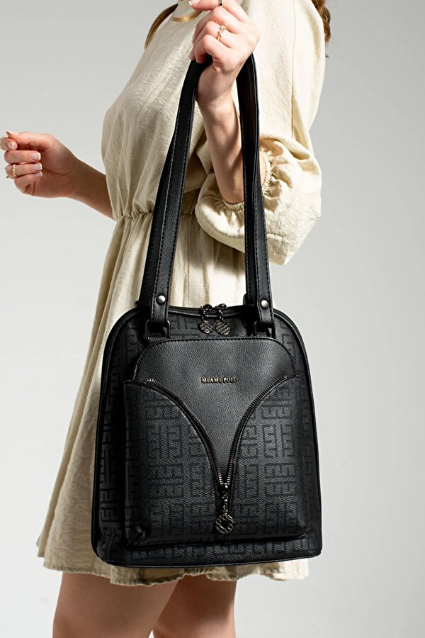 byHAKAN MİAMİ POLO 1206 ARDIÇ DERİ KADIN SIRT ÇANTA BAYAN OMUZ ÇANTA SİYAH-SİYAH BASKILI