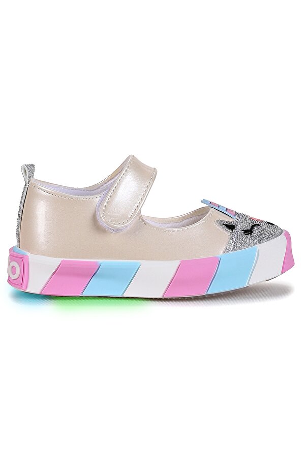 Kiko Kids Gilan Cırtlı Işıklı Kız Bebek Babet Ayakkabı Sedef