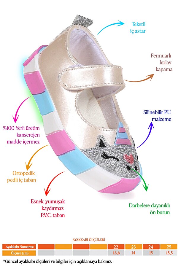 Kiko Kids Gilan Cırtlı Işıklı Kız Bebek Babet Ayakkabı Sedef