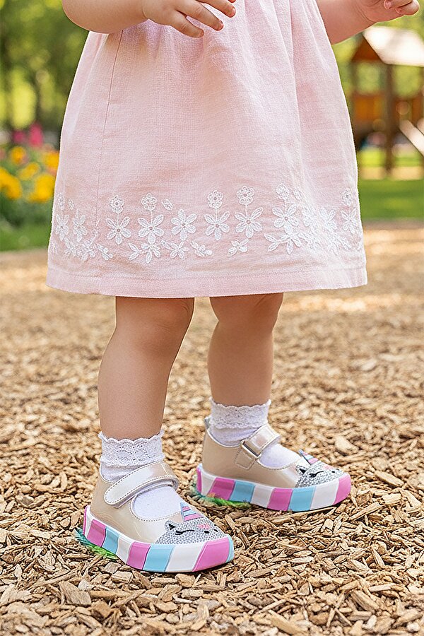 Kiko Kids Gilan Cırtlı Işıklı Kız Bebek Babet Ayakkabı Sedef