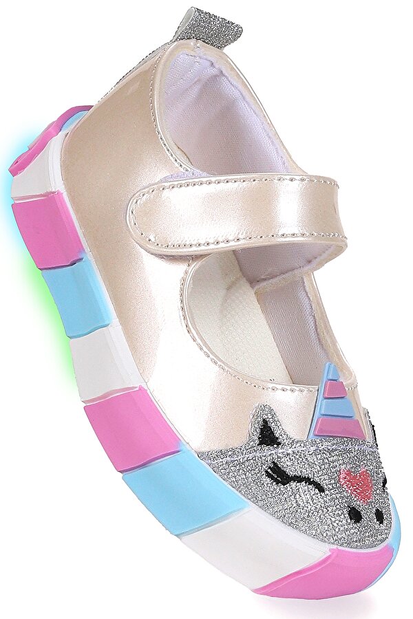 Kiko Kids Gilan Cırtlı Işıklı Kız Bebek Babet Ayakkabı Sedef