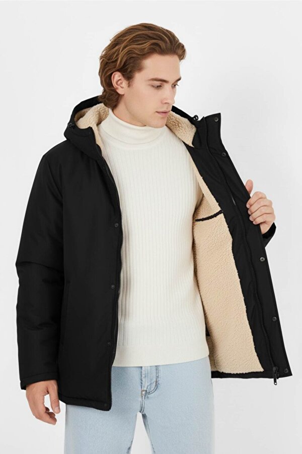 D1fference İçi Kürklü Kapüşonlu Jel Elyaflı Su & Rüzgar Geçirmez Cepli Erkek Kışlık Parka Mont