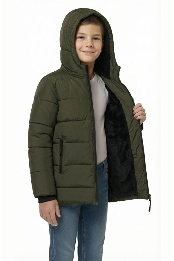 D1fference İçi Kürklü Kapüşonlu Jel Elyaf Dolgulu Şişme Erkek Çocuk Kışlık Mont