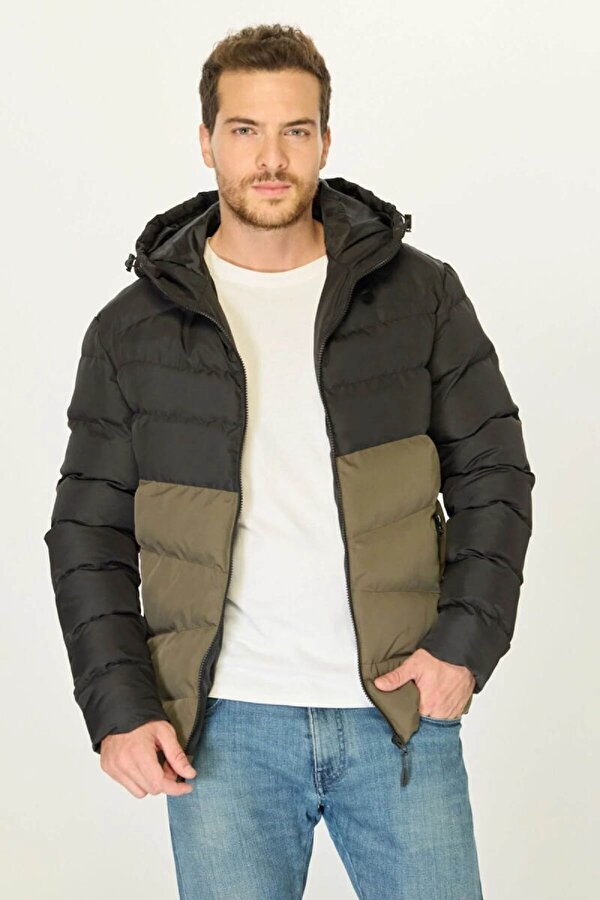 D1fference Kapüşonlu Jel Elyaf Dolgulu Şişme Erkek Mont  İçi Astarlı Çift Renk Kışlık Mont