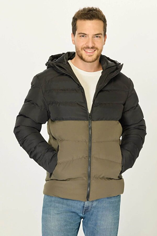 D1fference Kapüşonlu Jel Elyaf Dolgulu Şişme Erkek Mont  İçi Astarlı Çift Renk Kışlık Mont