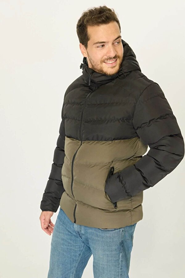 D1fference Kapüşonlu Jel Elyaf Dolgulu Şişme Erkek Mont  İçi Astarlı Çift Renk Kışlık Mont