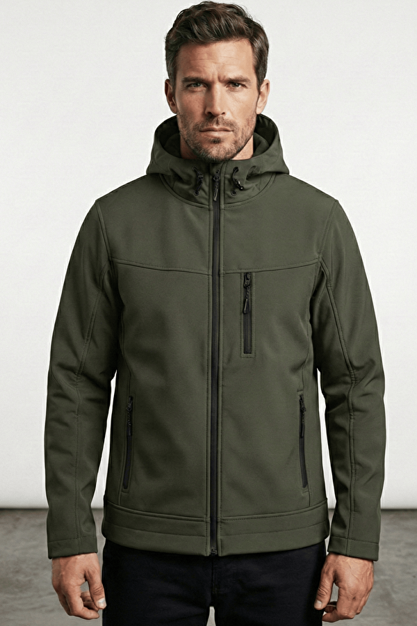 Erkek Mont İçi Polarlı Softshell Mont Su ve Rüzgar Geçirmez Kapüşonlu Spor Mont