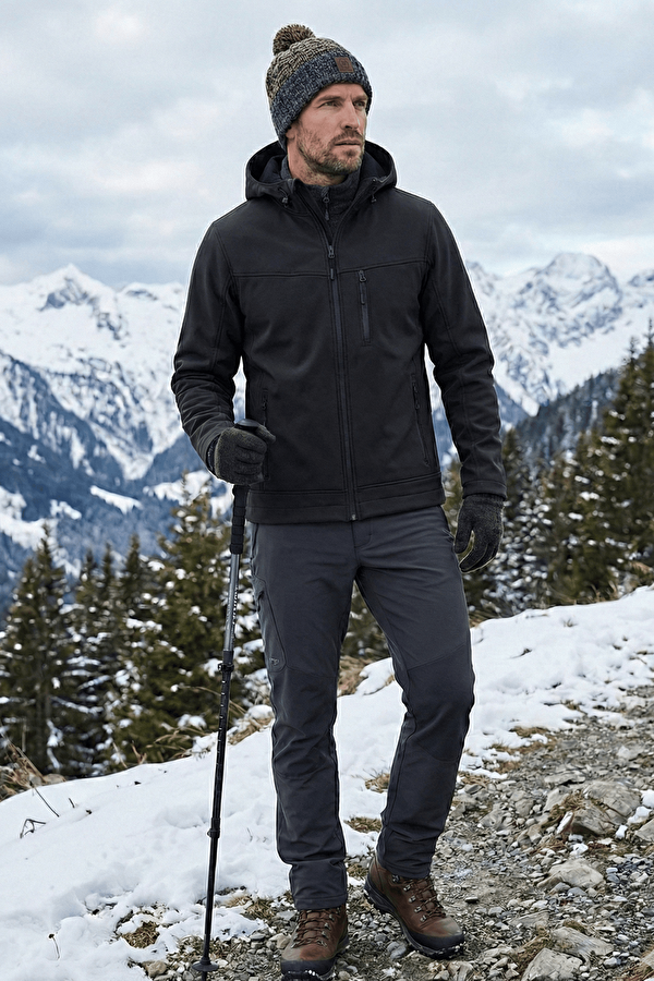 GENIUS STORE Erkek Mont İçi Polarlı Softshell Mont Su ve Rüzgar Geçirmez Kapüşonlu Spor Mont