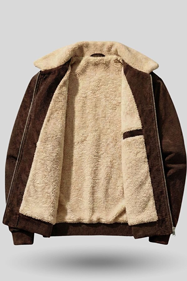 GENIUS STORE Erkek Kadife Mont Peluş Astarlı Tam Fermuarlı Gömlek Yaka Spor Mont