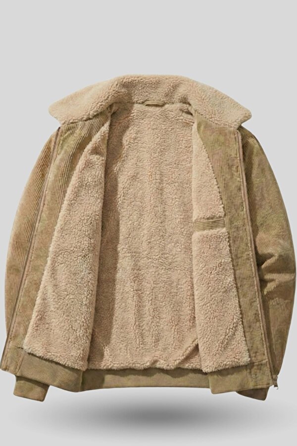 GENIUS STORE Erkek Kadife Mont Peluş Astarlı Tam Fermuarlı Gömlek Yaka Spor Mont