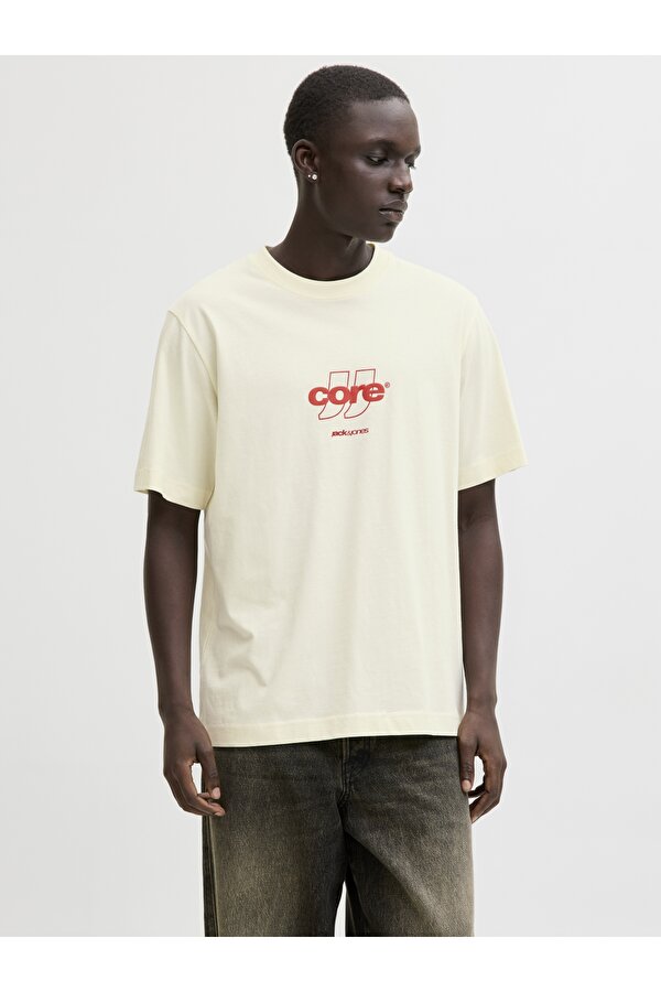 Jack Jones Jcoclub Front Prınt Tee Ss Crew Neck Erkek Bej Tshirt 12289868-06