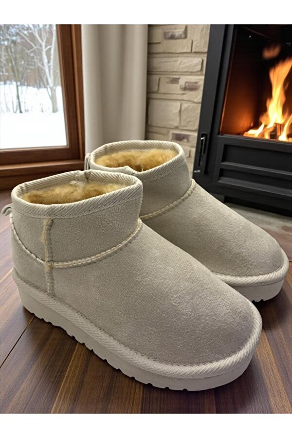 Ellaboni Kız Çocuk Kalın Poli Taban İçi Kürklü Süet Görünümlü Mini Bot