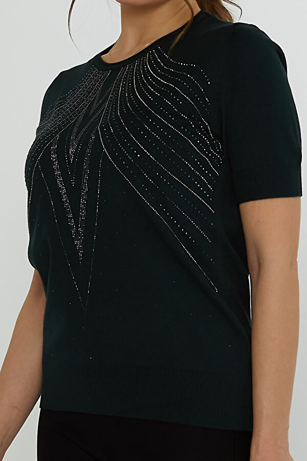 Kazee Kadın Taş Süslemeli Kısa Kollu Triko Kazak 31726 Nefti