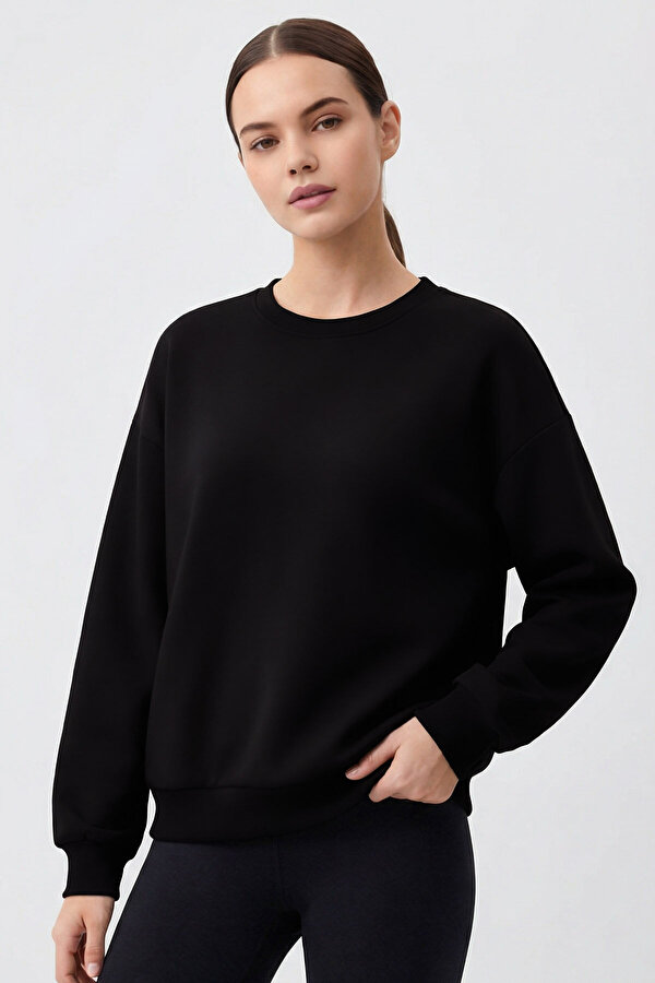 TOMMYLIFE Siyah Basic O Yaka Oversize Kadın Sweatshirt - 97053