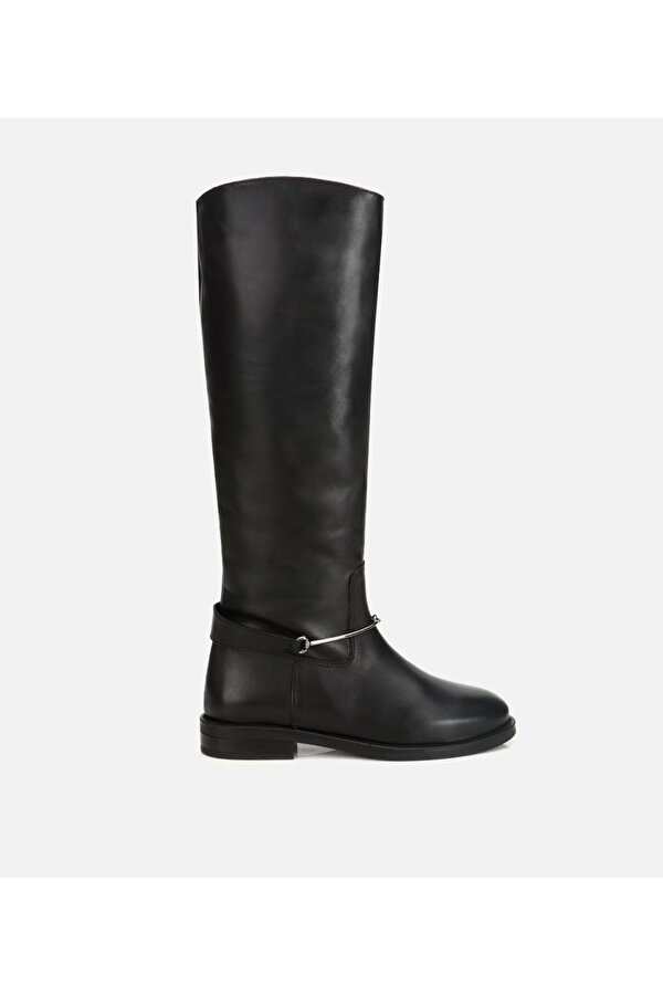 Hotiç Kadın Deri Siyah Metal Tokalı Düz Çizme