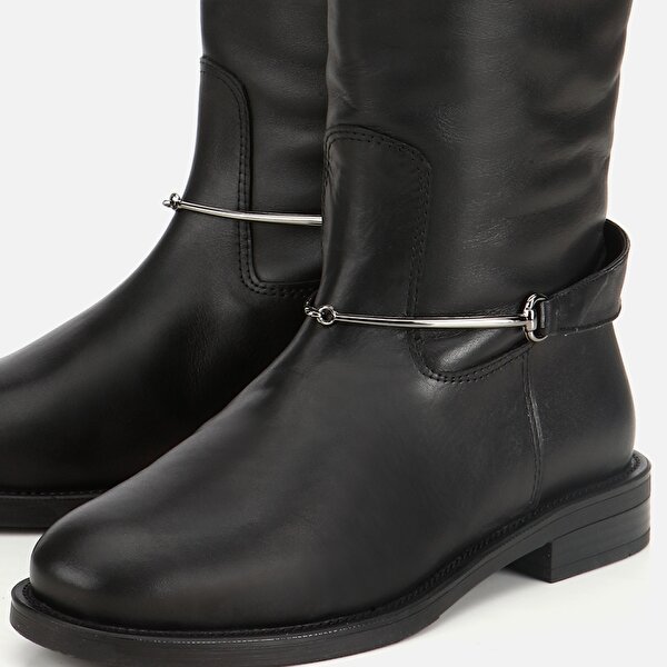 Hotiç Kadın Deri Siyah Metal Tokalı Düz Çizme