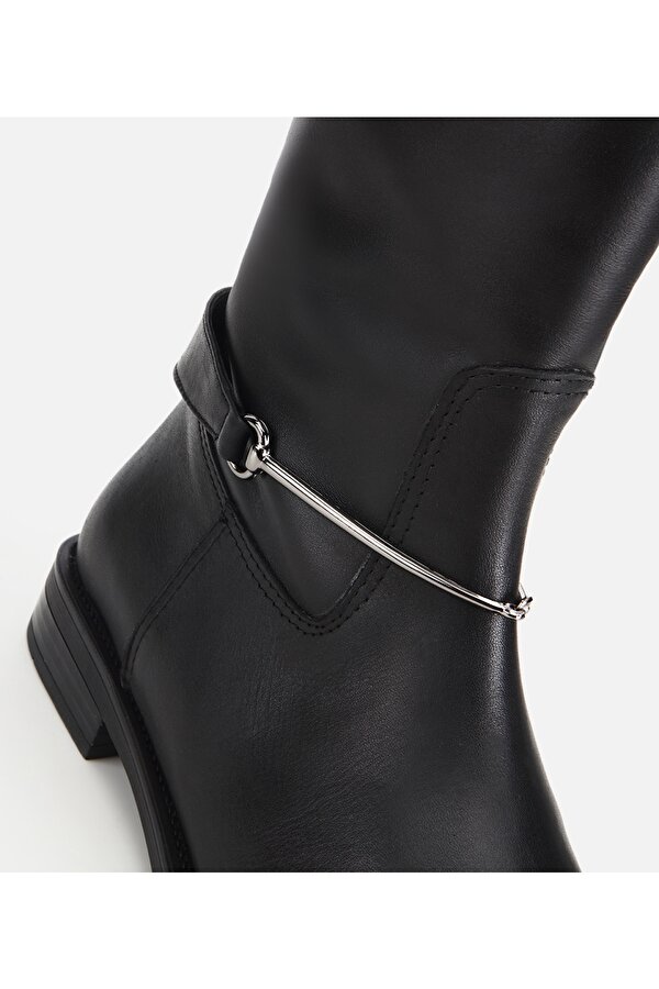 Hotiç Kadın Deri Siyah Metal Tokalı Düz Çizme