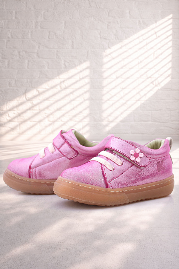 Hapshoe Kids Anatomik Hakiki Deri Yumuşak Pembe Çiçekli Cırtlı Kız Çocuk Ayakkabı