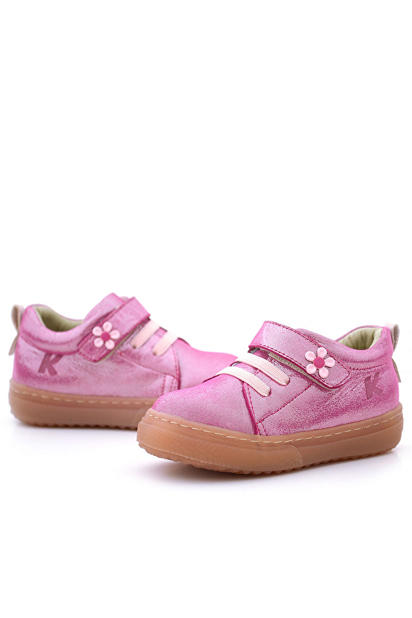 Hapshoe Kids Anatomik Hakiki Deri Yumuşak Pembe Çiçekli Cırtlı Kız Çocuk Ayakkabı